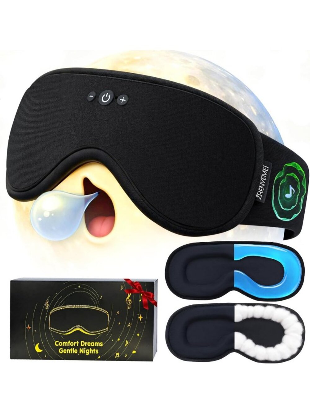 Weighted Bluetooth Sleep Mask with Gel Insert, 3D Blackout Eye Cover, Adjustable